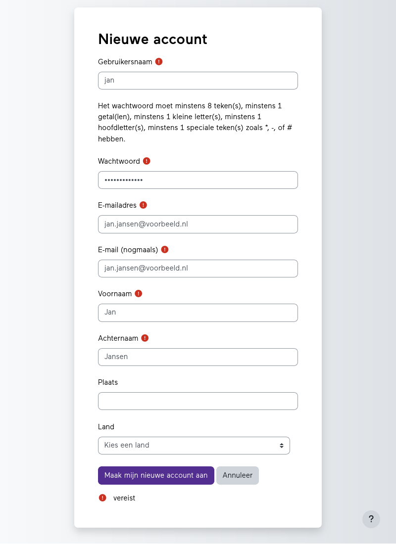 Screenshot van het formulier om een account aan te maken.