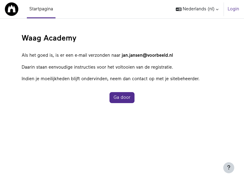 Screenshot van de pagina waarop wordt weergegeven dat er een bevestigings mail is verstuurd.