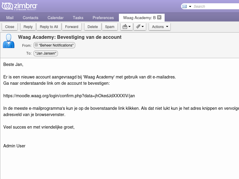 Screenhost van de mail waarin wordt gevraagd om te bevestigen dat er een account op dit emailadres wordt aangemaakt.