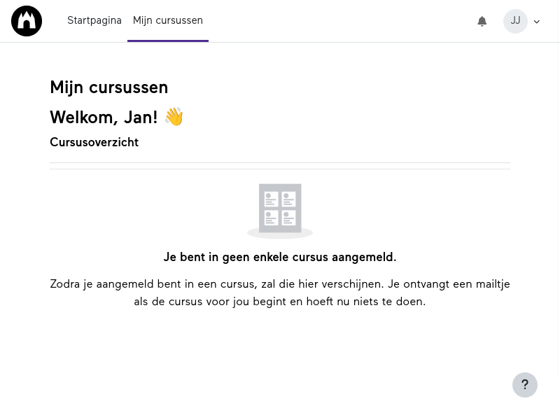 Een leeg overzicht van cursussen voor het ingelogde account.