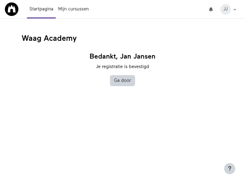 Screenshot van de pagina waarop wordt weergegeven dat inschrijven gelukt is.